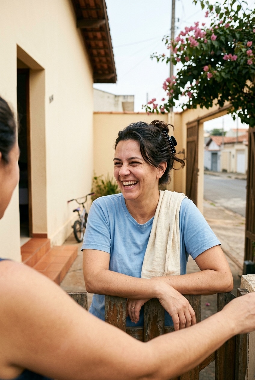 Uma mulher conversa com a vizinha no portão de casa