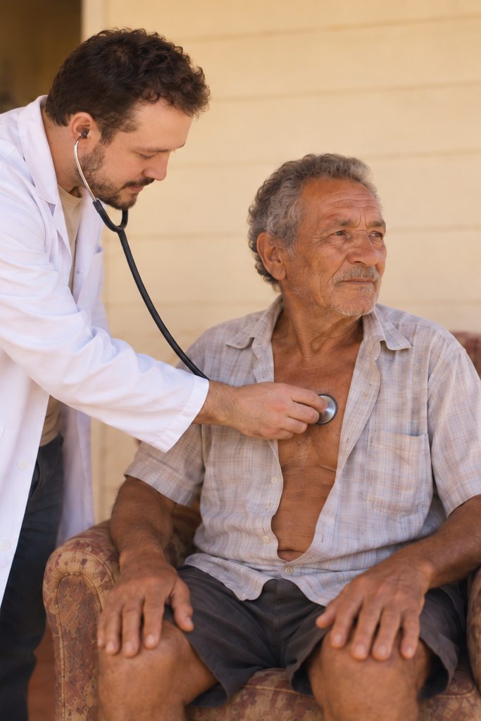 Um médico examina um senhor com o estetoscópio na varanda de casa
