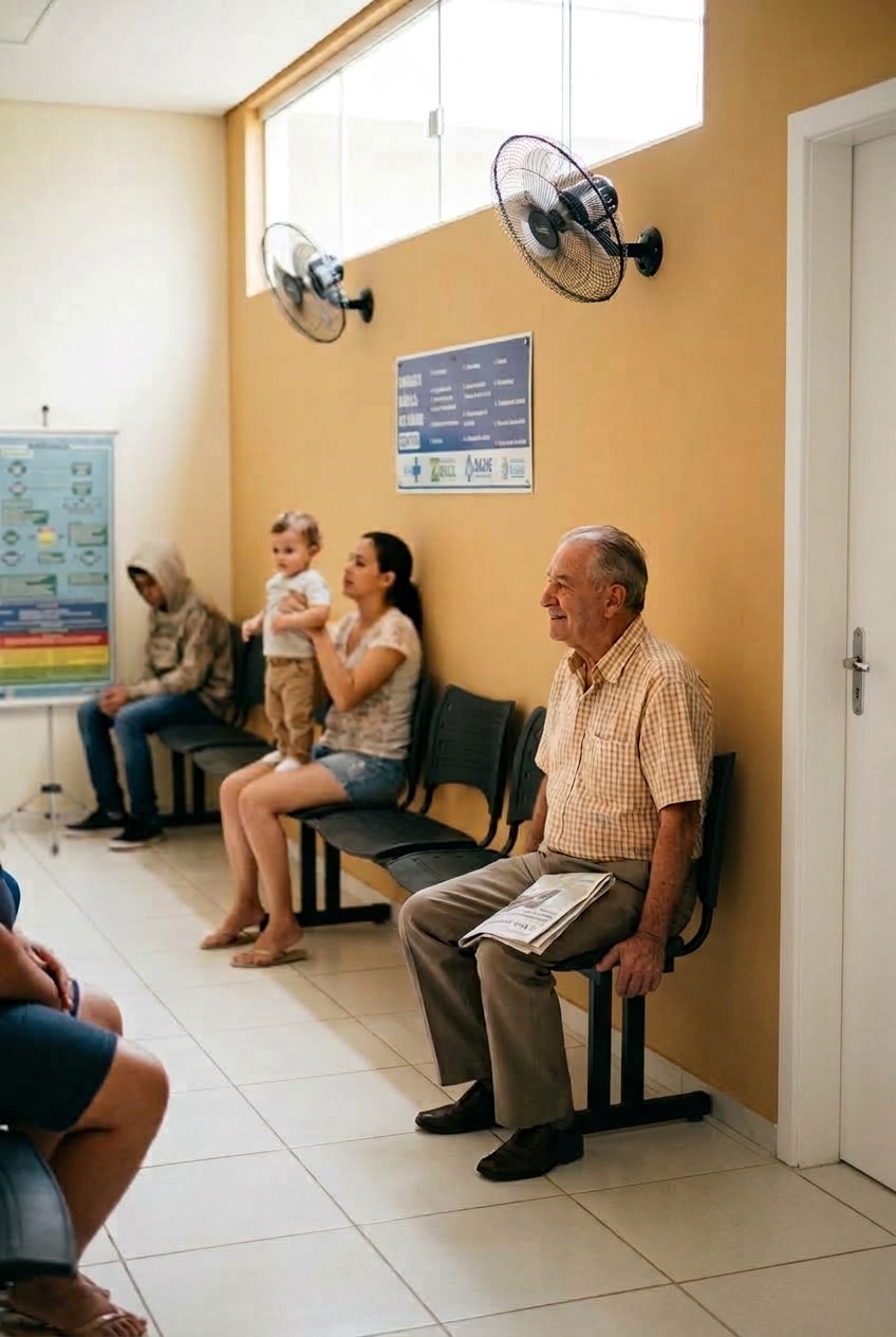 Pessoas de idades diferentes aguardam numa sala de espera